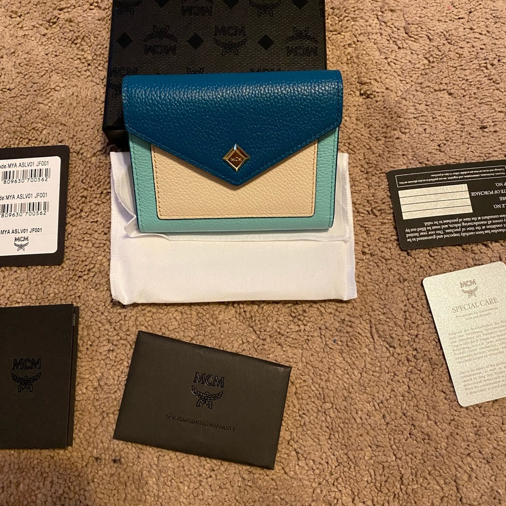 MCM Mini Deep Lagoon Letter Flap Wallet NEW
